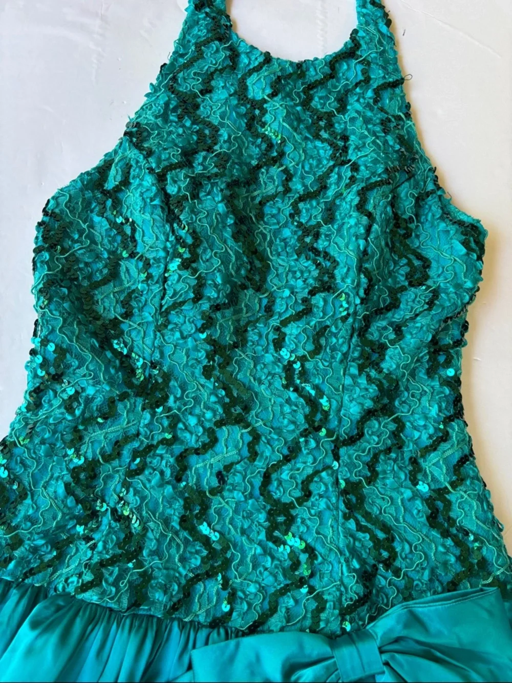 Vintage 80’s Sequin Party Dress Teal Bow Halter Bow Dropwaist Cocktail Dance 90’ - Picture 7 of 17